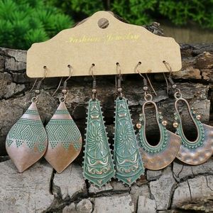 3pairs/set Vintage Style Antique Bronze Geometric Design Ear Hoop & Stud Earring